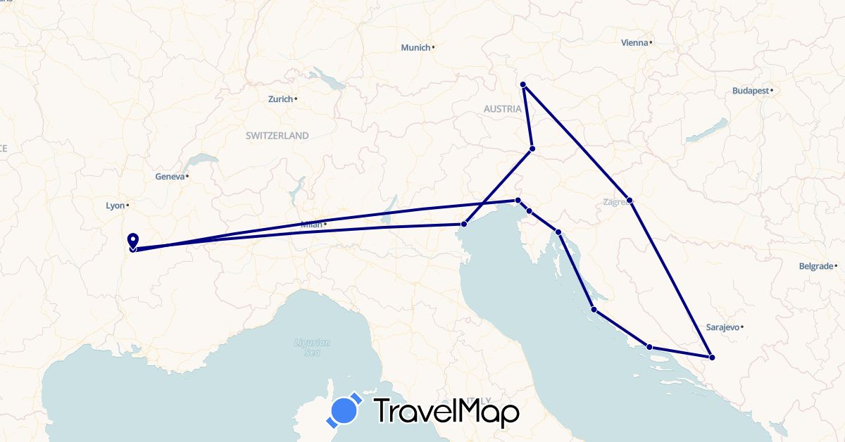 TravelMap itinerary: driving in Austria, Bosnia and Herzegovina, France, Croatia, Italy (Europe)